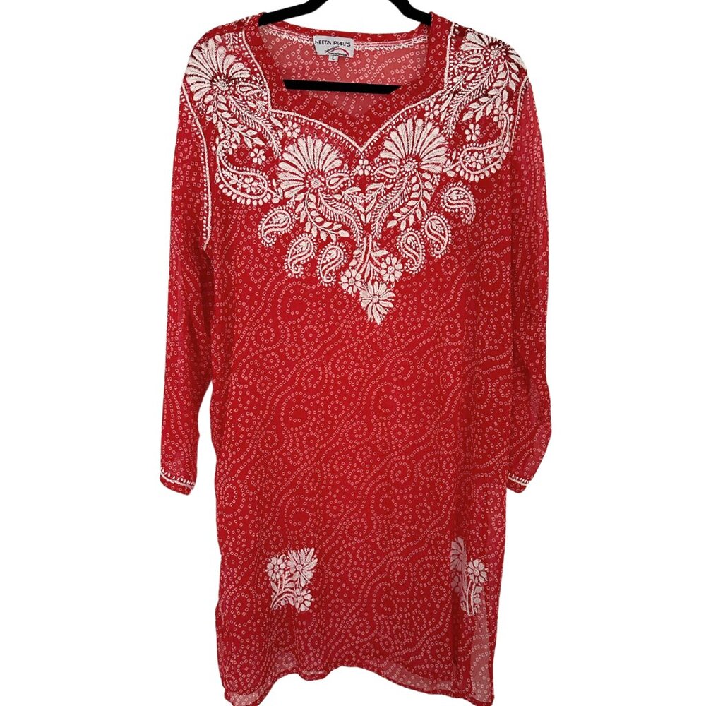 Embroidered Bright Red Kurti - Picture 2 of 5